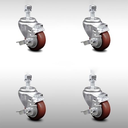 Service Caster 3 Inch SS Maroon Polyurethane Swivel 12mm Threaded Stem Caster Set Brake SCC SCC-SSTS20S314-PPUB-MRN-TLB-M1215-4